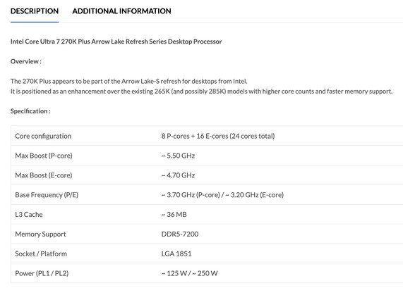 Opgesomde specificaties van de Intel Core Ultra 7 270K Plus desktop CPU. (Afbeeldingsbron: PrimeABGB)