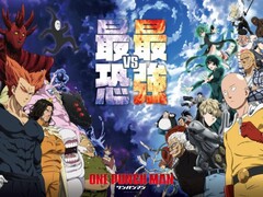 Promotieposter van de anime One Punch Man, met Saitama, Genos en andere helden aan de rechterkant die het opnemen tegen machtige schurken en monsters aan de linkerkant, met een dramatische hemelachtergrond. (Afbeeldingsbron: One Punch Man)