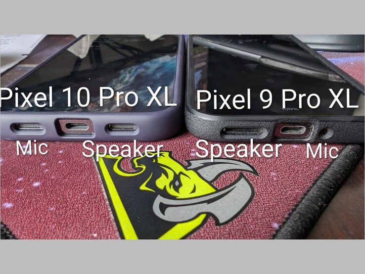 Vergelijking tussen de locatie van de luidspreker en microfoon van de Pixel 10 Pro XL en de Pixel 9 Pro XL. (Afbeeldingsbron: Artem Russakovskii op X)