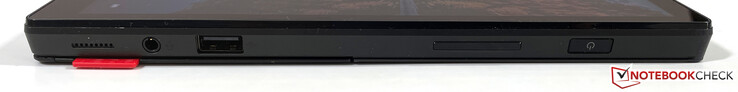 Rechts: 3,5 mm stereo, USB-A 2.0, volumeknop, aan/uit-knop