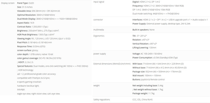 Specificaties van de gamingmonitor (Afbeelding bron: ViewSonic - machine vertaald)