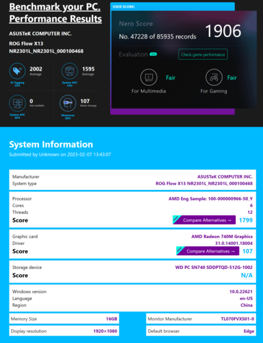 AMD Ryzen 5 7540U met Radeon 740M in Asus ROG Flow X13. (Bron: Nero)