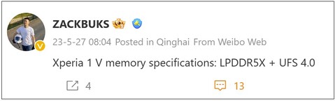 Xperia 1 V RAM + opslag types. (Beeldbron: Weibo)