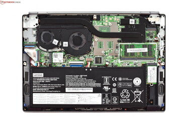 Ter vergelijking, de ThinkBook 13s-20R90071GE (2019) met een kleinere 44 Wh batterij en RAM-groeven