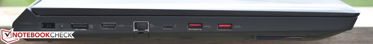 Links: oplaad-poort, DisplayPort, HDMI, Gigabit Ethernet, Thunderbolt 3, USB 3.0 x 2