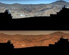 Beeld genomen door de Perseverance rover. De bovenste afbeelding is versterkt terwijl de onderste afbeelding de originele kleuren heeft (Afbeeldingsbron: NASA, JPL-Caltech, ASU en MSSS; bewerkt)