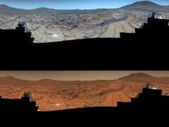 Beeld genomen door de Perseverance rover. De bovenste afbeelding is versterkt terwijl de onderste afbeelding de originele kleuren heeft (Afbeeldingsbron: NASA, JPL-Caltech, ASU en MSSS; bewerkt)