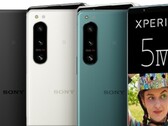 De Sony Xperia 5 IV persfoto's tonen een paar belangrijke specificaties van de compacte telefoon op het display. (Afbeelding bron: 91Mobiles/Sony - bewerkt)
