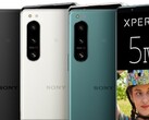 De Sony Xperia 5 IV persfoto's tonen een paar belangrijke specificaties van de compacte telefoon op het display. (Afbeelding bron: 91Mobiles/Sony - bewerkt)