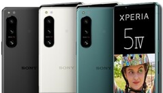 De Sony Xperia 5 IV persfoto's tonen een paar belangrijke specificaties van de compacte telefoon op het display. (Afbeelding bron: 91Mobiles/Sony - bewerkt)
