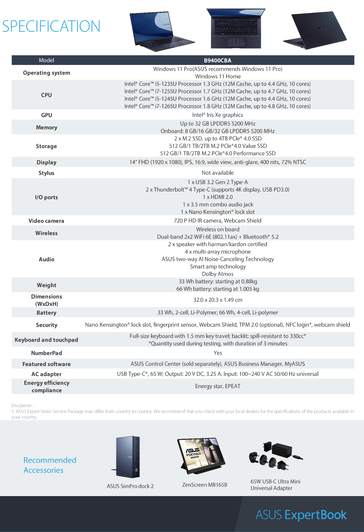 Asus ExpertBook B9 - Specificaties. (Bron: Asus)