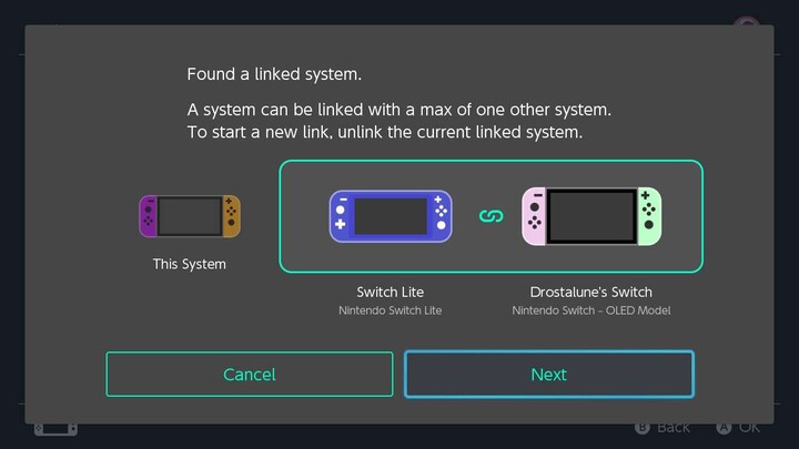 Scherm van Nintendo Switch met de waarschuwing dat een systeem maximaal met één ander systeem kan worden gekoppeld voor het delen van Virtual Game Cards, waardoor de gebruiker het huidige gekoppelde systeem moet loskoppelen om een nieuwe koppeling te starten.