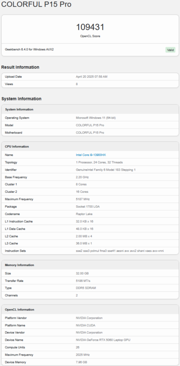 RTX 5060 laptop Geekbench OpenCL score (bron: Geekbench)