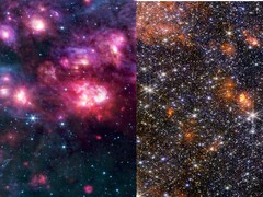 Een collage van de MIRI- en NIRCam-beelden van Sagittarius B2 (Afbeeldingsbron: verschillende - zie bronnen; bewerkt)