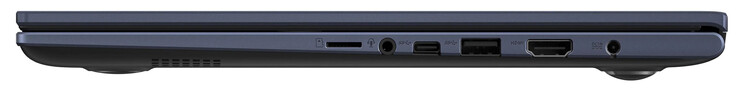 Rechterzijde: Geheugenkaartlezer (MicroSD), audio combo, USB 3.2 Gen 1 (USB-C), USB 3.2 Gen 1 (USB-A), HDMI, voedingsaansluiting