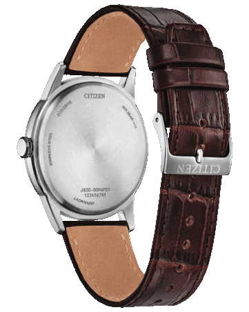 Achterkant van de Citizen Rolan AW2110-14Z, met de roestvrijstalen achterkant en de bruine leren band met gesigneerde gesp.