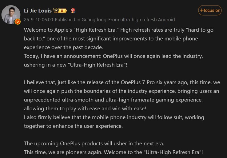 Li Jie's bericht over de aankomende OnePlus-telefoon (Afb. bron: Weibo - machine vertaald)