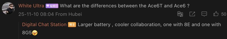 Tipster vergelijkt de vanille OnePlus Ace 6 met de vermeende Ace 6T. (Afbeeldingsbron: Weibo - machine vertaald)
