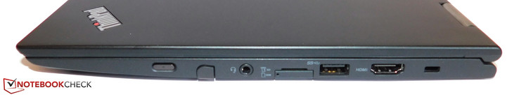 Rechts: aan/uit-knop, digitizer-sleuf, 3.5-mm-headset-aansluiting, SIM-sleuf, MicroSD-kaartlezer, USB 3.0, HDMI, Kensington-lock