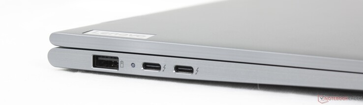 Links: USB-A 3.2 Gen 1 (5 Gbit/s, altijd aan), 2x USB-C 4.0 met Thunderbolt 4 (40 Gbit/s, DisplayPort 2.1, Power Delivery 3.0)