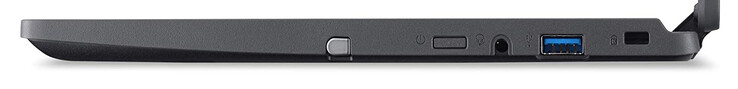 Rechterzijde: invoerpen, aan/uit-knop, audio-combipoort, USB 3.2 Gen 1 (Type A), slot voor kabelslot