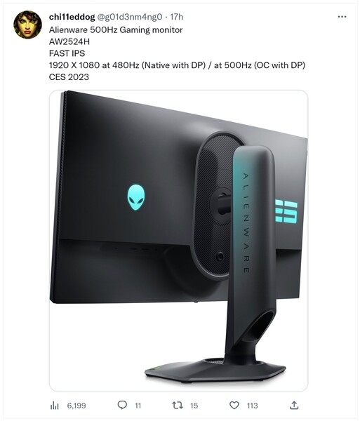 Alienware 500 Hz monitor gerucht. (Beeldbron: @g01d3nm4ng0)