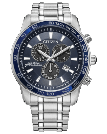 Citizen Classic Eco-Drive-chronograaf met een diepblauwe wijzerplaat, een zilverkleurige roestvrijstalen kast en armband van 44 mm, een tachymeterring, drie subwijzerplaten en een datumvenster.