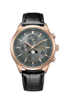 Citizen BY1033-01H Eco-Drive-horloge met maanfase, voorzien van een antracietgrijze wijzerplaat, een roségoudkleurige roestvrijstalen kast, een zwarte leren band, een analoge maanfase-weergave, twee subwijzerplaten en een datumvenster.