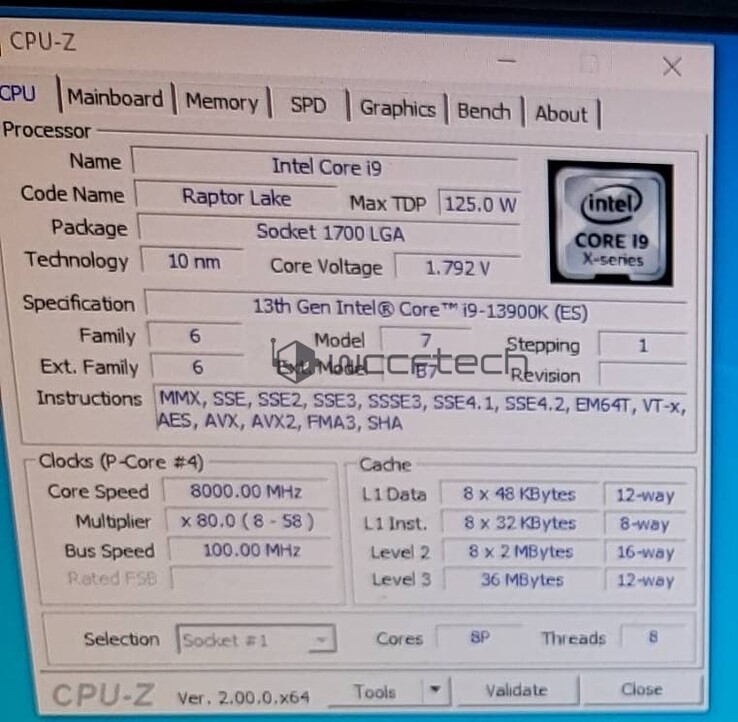 Intel Core i9-13900K CPU-Z (afbeelding via Wccftech)