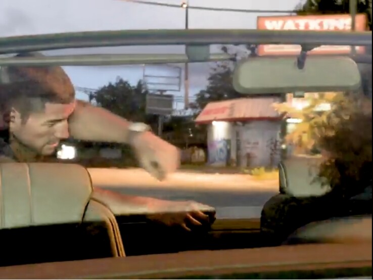 In dit screenshot uit de tweede GTA 6 trailer lijkt de straatlantaarn op de achtergrond in de lucht te zweven.
