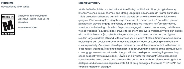 ESRB-classificatie voor de PS5- en Xbox Series X-|-S-versie van Mafia Definitive Edition.