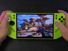 Borderlands 4 gameplay op de MSI Claw 8 AI handheld aangedreven door AMD Ryzen Z2 Extreme, toont een first-person view met een geweer gericht op een buitenomgeving (bron: ETA PRIME via YouTube)
