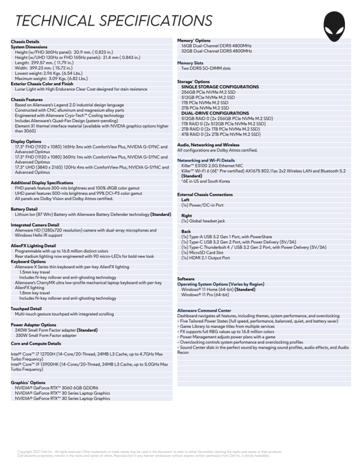 Alienware x17 R2 specificaties (Bron: Dell)
