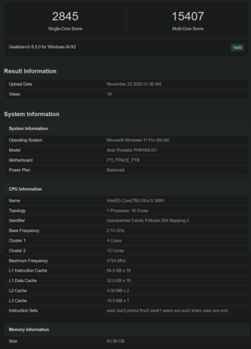 Intel Core Ultra 9 368H Geekbench notering (bron: Geekbench)