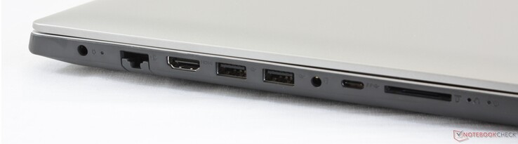 Left: AC adapter, Gigabit RJ-45, 2x USB 3.0, 3.5 mm combo audio, USB Type-C Gen. 1, SD card reader