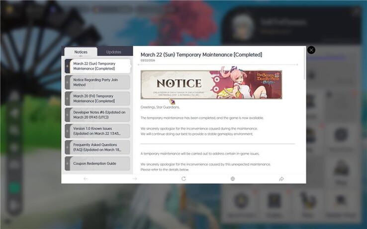 22 maart in-game melding van een geluidsfix en andere bugfixes in The Seven Deadly Sins: Origin.