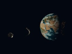 Een illustratie van een kunstenaar waarop twee asteroïden dicht bij de Aarde te zien zijn.