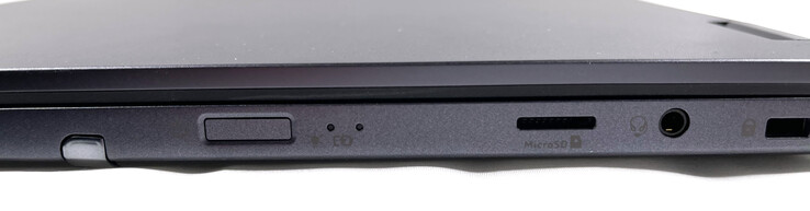 Rechts: Actieve stylus, aan/uit-knop met geïntegreerde vingerafdrukscanner, status-LED's, MicroSD-kaartlezer, gecombineerde 3,5 mm audio-aansluiting, Kensington Lock