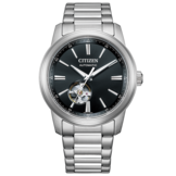 Citizen NH9150-52E automatisch horloge met een zwarte wijzerplaat, open-heart-display, roestvrijstalen kast en een geborstelde armband met drie schakels.