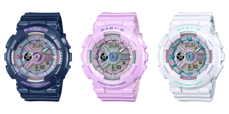 Van links naar rechts: de Casio G-Shock Baby-G BA-110MC-2A, BA-110MC-6A en BA-110MC-7A horloges