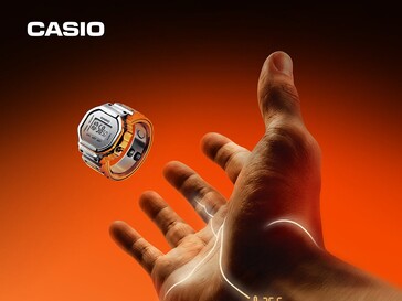 Een Casio CRW-H001M-8 Smart Ring Watch zweeft boven een uitgestrekte hand tegen een oranje achtergrond.