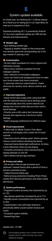 Nothing OS 1.5 update changelog (afbeelding via Reddit)