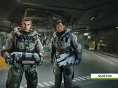 Twee Starfield-personages in een futuristische faciliteit met Nvidia DLSS 5 ingeschakeld