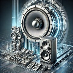 Futuristische illustratie die traditionele luidsprekers en gerichte akoestische energiesystemen combineert (Beeldbron: OpenAI/DALL-E)