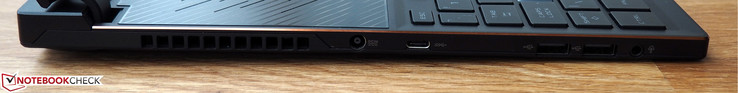 Linkerkant: stroomaansluiting, USB-C 3.0, 2x USB-A 2.0, 3.5 mm audiopoort