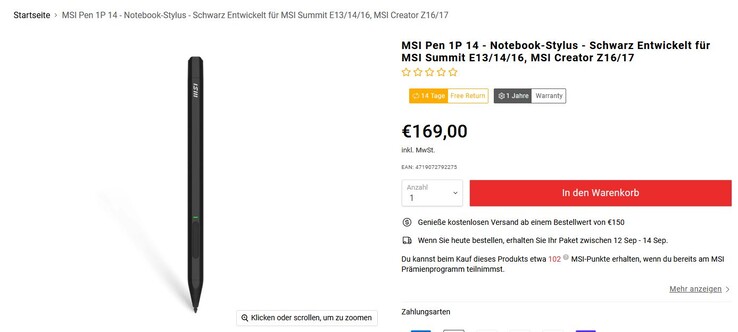De MSI Pen 1P 14 kost maar liefst 169 euro extra (screenshot van MSI website)