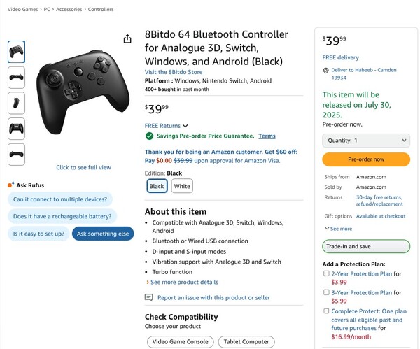 De 8BitDo 64 Controller heeft nu een releasedatum gepland voor juli. (Afbeeldingsbron: Amazon)