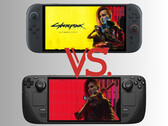 De Switch 2 en Steam Deck afgebeeld met het artwork van Cyberpunk 2077 (Afbeelding bron: Nintendo of America, Valve, Steam met bewerkingen)