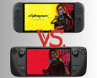 De Switch 2 en Steam Deck afgebeeld met het artwork van Cyberpunk 2077 (Afbeelding bron: Nintendo of America, Valve, Steam met bewerkingen)