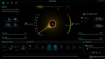 Control Center beginscherm. Let op de vier energie-instellingen: Prestaties, Amusement, Energiebesparing en Stilte